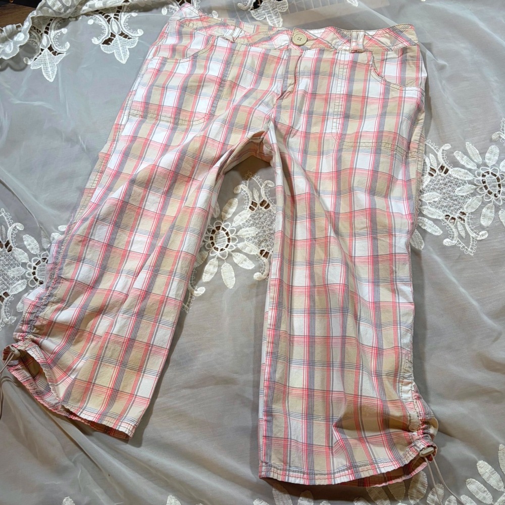 Y2K Coquette Fashion Bug Pink Tan Plaid Capri Pants Cinch Hem Cropped Trousers